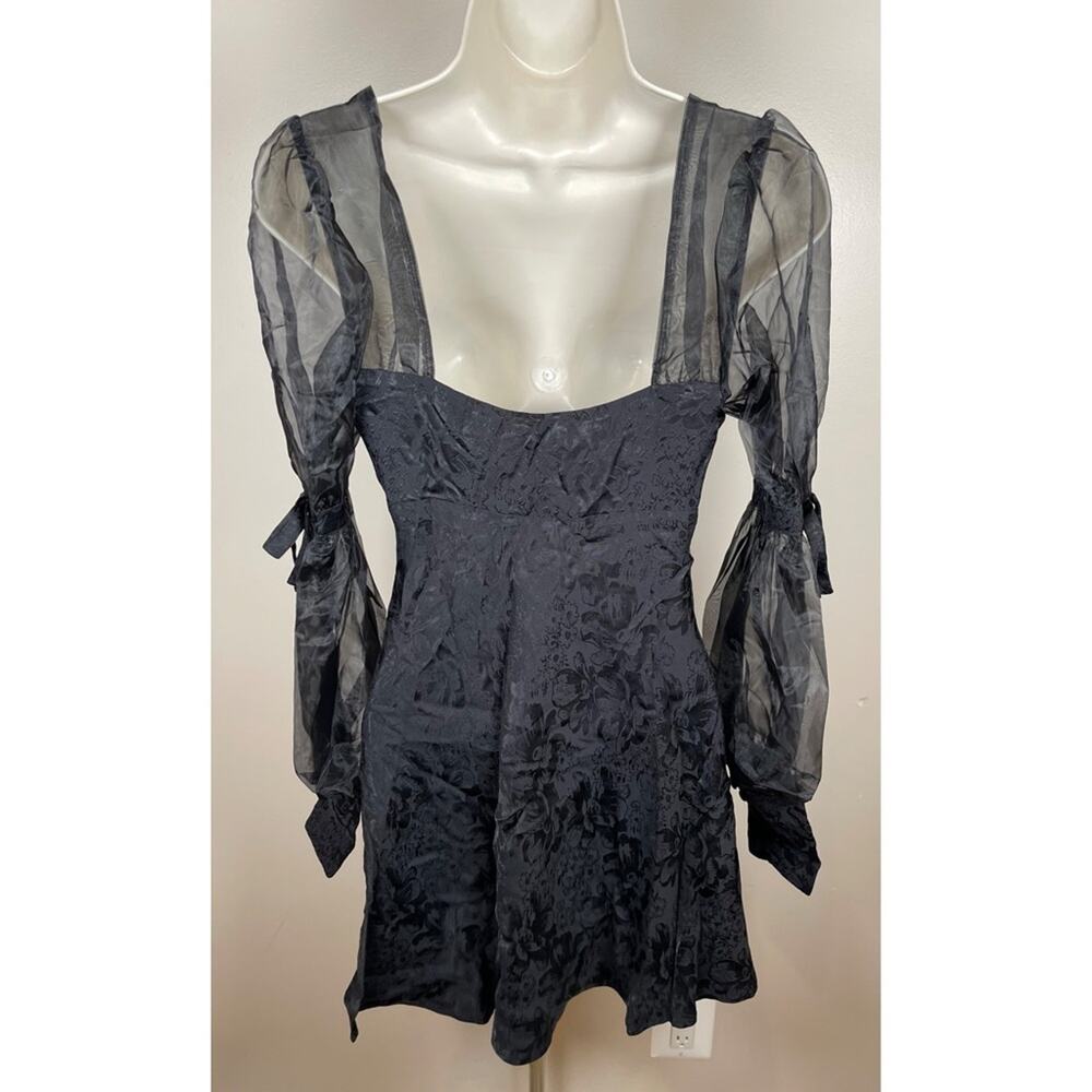FOR LOVE & LEMONS Gabrielle Puff Sleeve Floral Jacquard Black Mini Dress Size XS - Picture 8 of 10